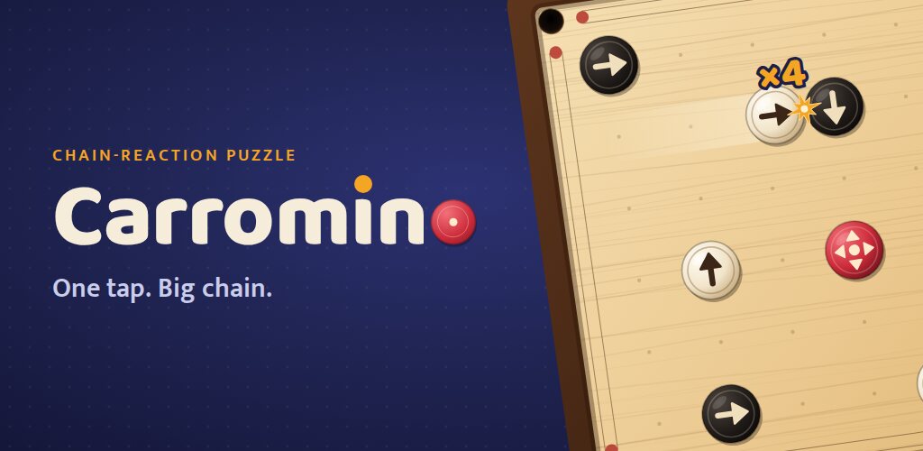 A carrom board mid-chain: a cream coin knocks a black coin, with a ×4 chain counter.